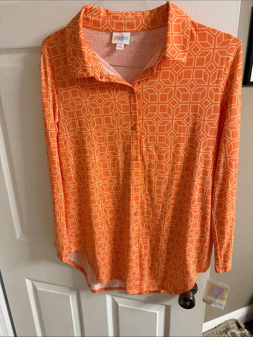 LuLaRoe Orange Geometric Button-Front Shirt